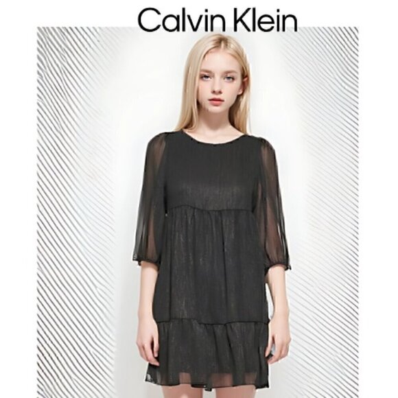 Calvin Klein Women's Empire Waist Chiffon Shift Dress Black  New With Tags - Picture 1 of 11